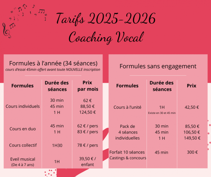 Tarifs coaching vocal 2025/2026